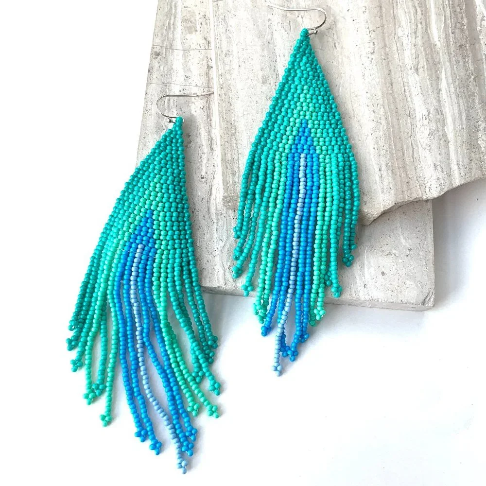 NEW~ Free People Turquoise Ombré Beaded Tassel Earrings - Picture 1 of 6